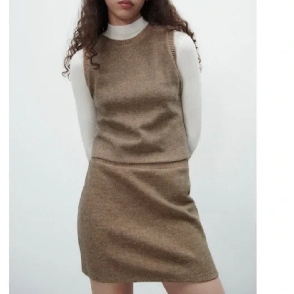 ZARA WOMEN'S DARK CARAMEL KNIT MINI SKIRT & TOP SET SMALL NWT